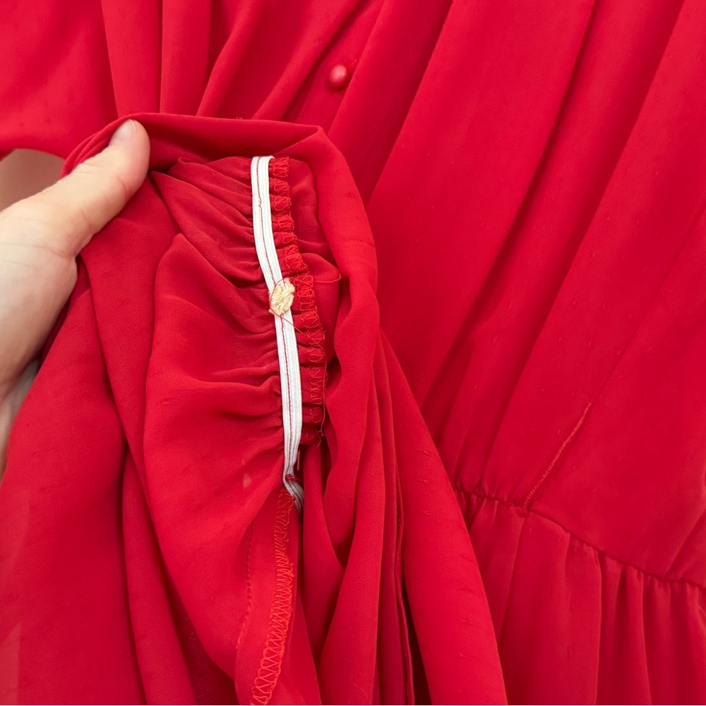 Vintage A-Line Midi Dress Size S Sheer Elastic Waist Solid Red Retro Feminine - Picture 11 of 11